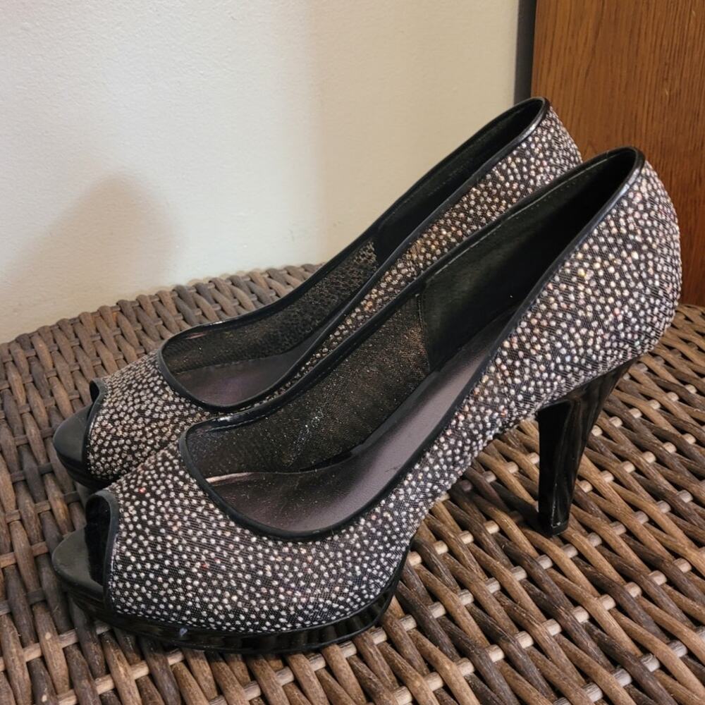 Nine West Danee Rhinestone Stilettos 9 Black Glitter Peep Toe Glam Party Heels